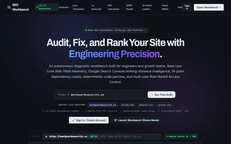 Interface of SEO Workbench (seo-workbench-flame.vercel.app), engineered by Qasim Omer